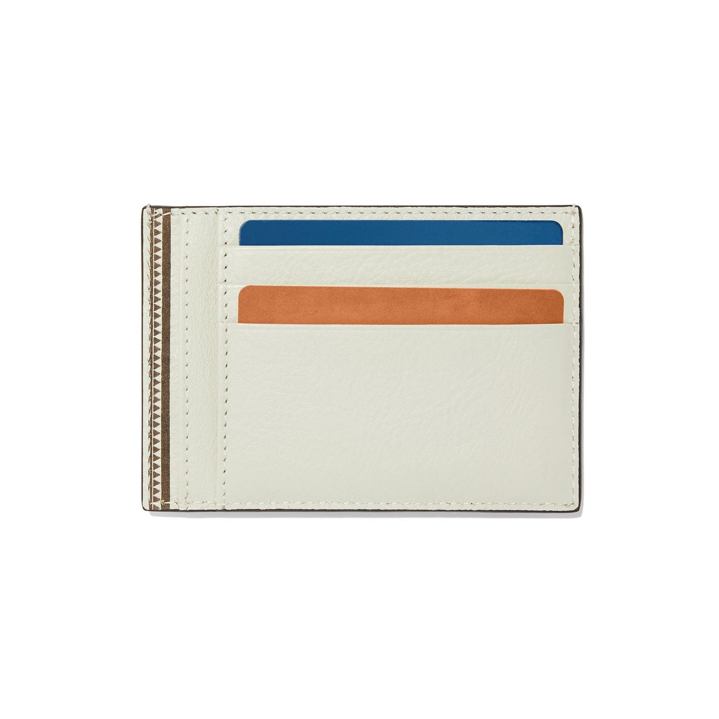 Brighton card wallet in cream leather with blue and orange card slots and striped side detail on a white background