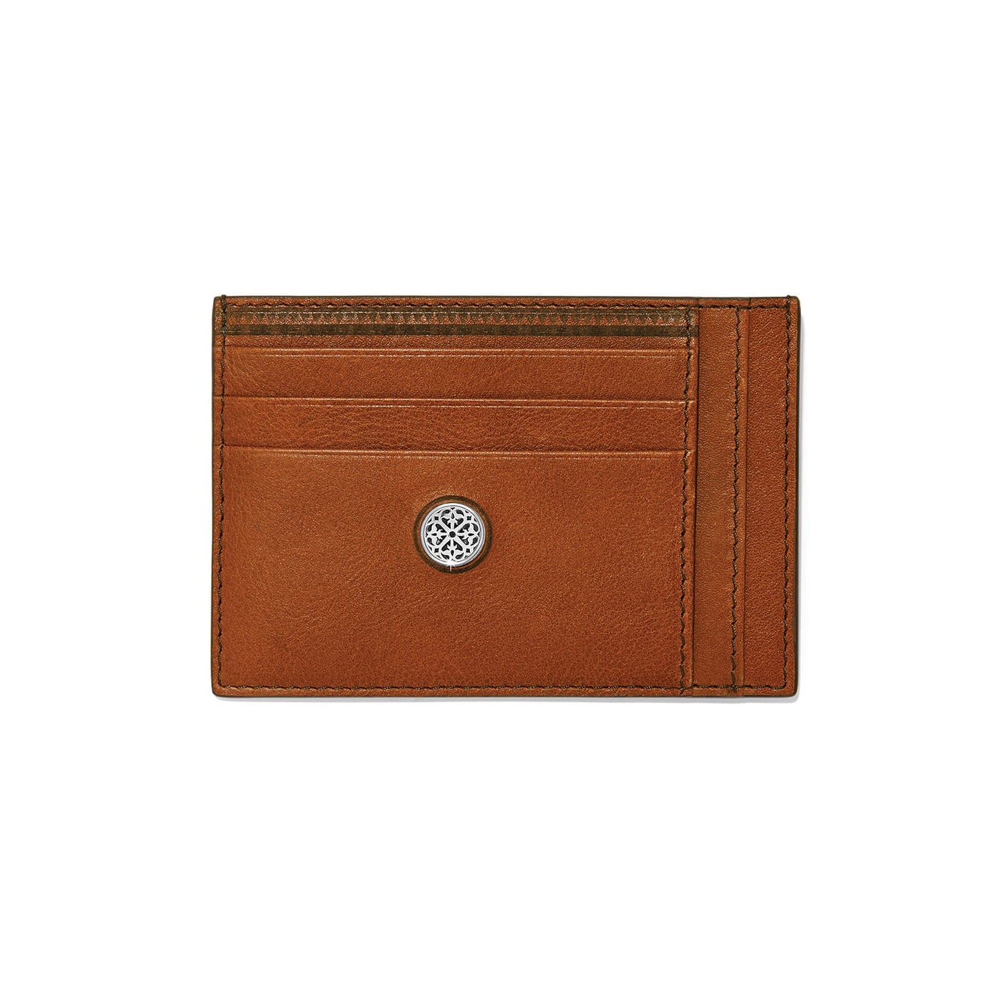 Brighton tan leather card case with multiple card slots and silver-tone medallion emblem on a white background
