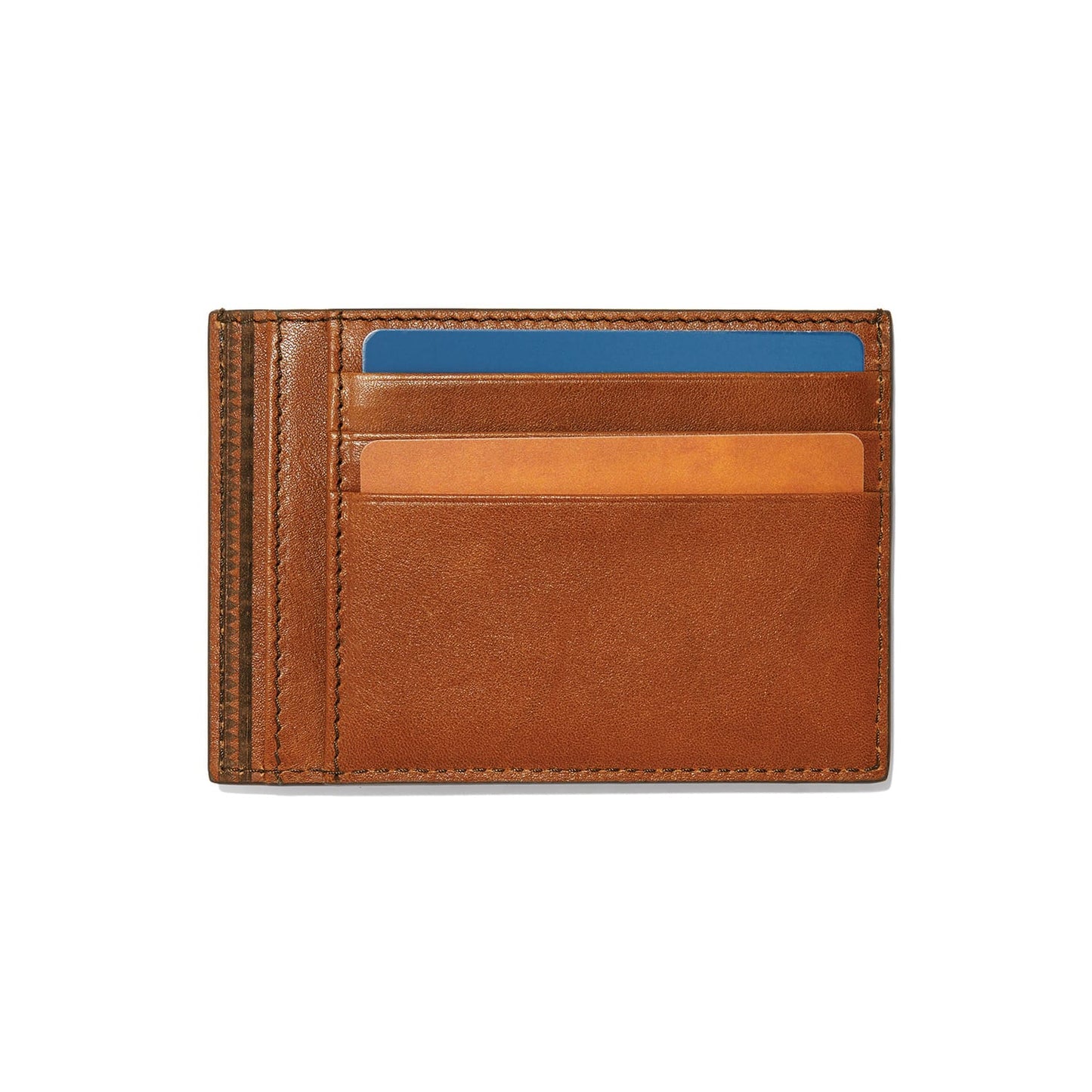 Brighton tan leather card wallet with multiple card slots holding blue and tan cards on a white background