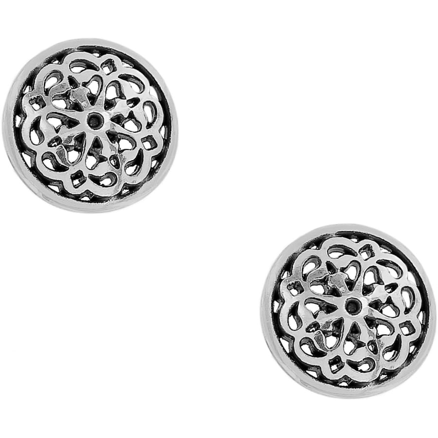 Brighton stud earrings with silver-plated openwork floral filigree domed design on a white background