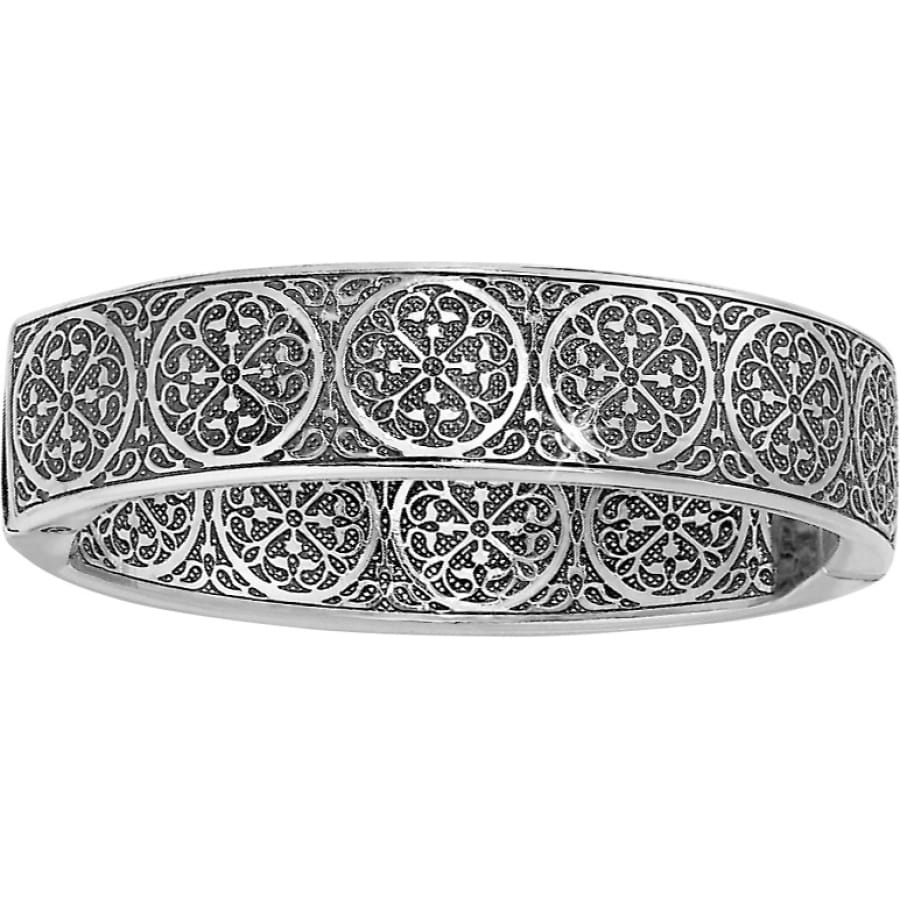 Brighton bangle bracelet with silver-plated ornate filigree medallion pattern around the band on a white background