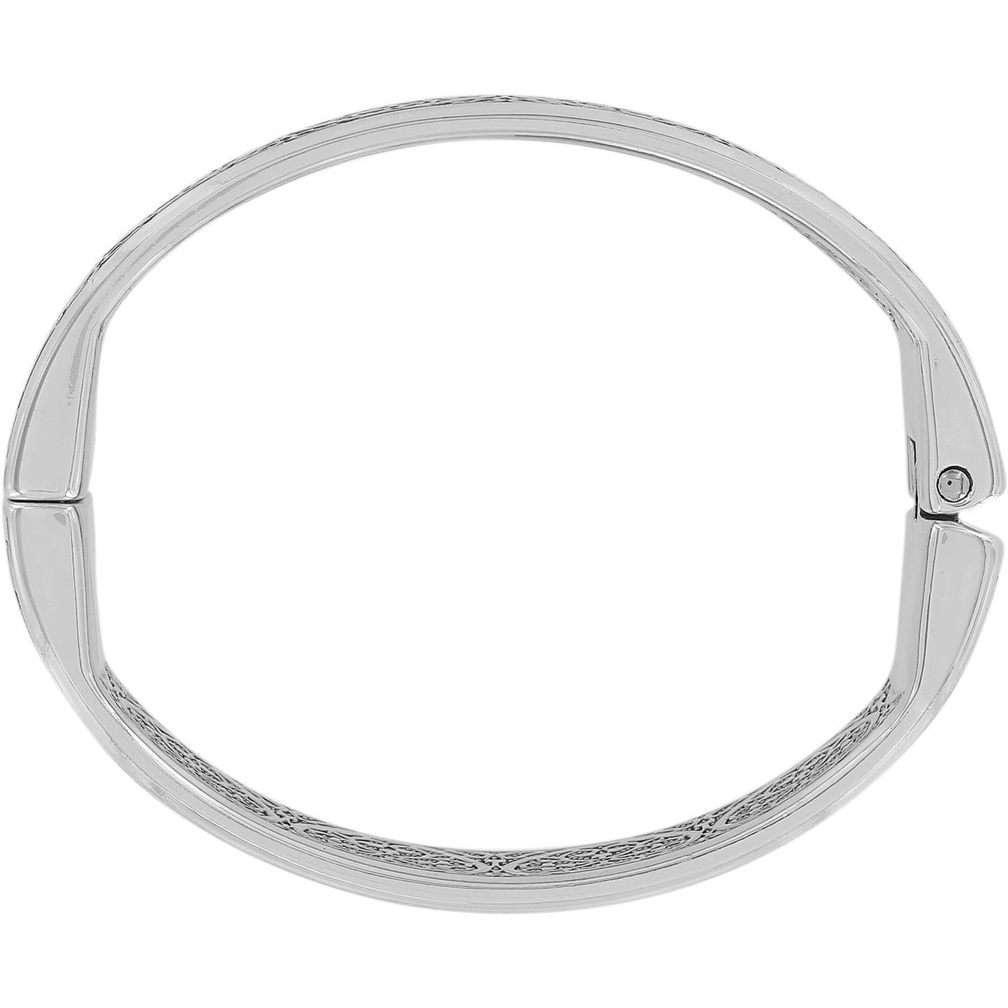 Brighton bangle bracelet shown from above with silver-plated finish and engraved scroll detailing on a white background