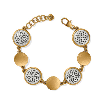 Brighton bracelet with brushed gold-plated hammered discs and silver-plated openwork medallions with lobster clasp on a white background