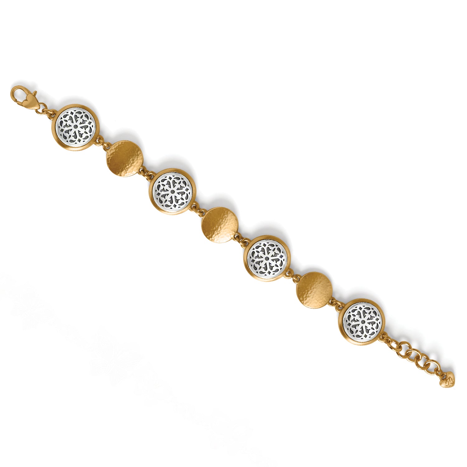 Brighton bracelet with brushed gold-plated hammered discs and silver-plated openwork medallions with lobster clasp on a white background