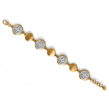 Brighton bracelet with brushed gold-plated hammered discs and silver-plated openwork medallions with lobster clasp on a white background