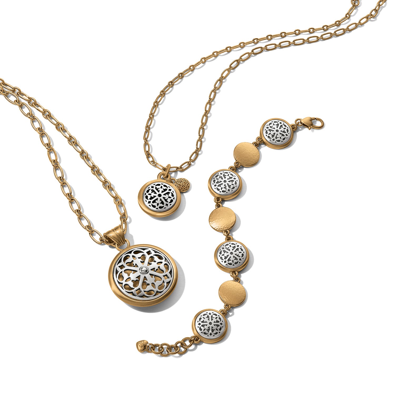 Brighton jewelry set with two gold-plated chain necklaces and matching bracelet featuring silver-plated filigree medallions on a white background