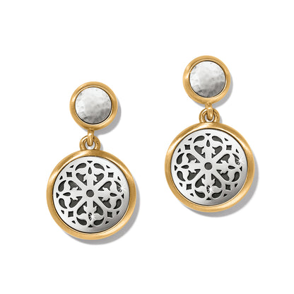 Brighton drop earrings with hammered silver-plated discs and brushed gold-plated frames featuring ornate filigree medallions on a white background