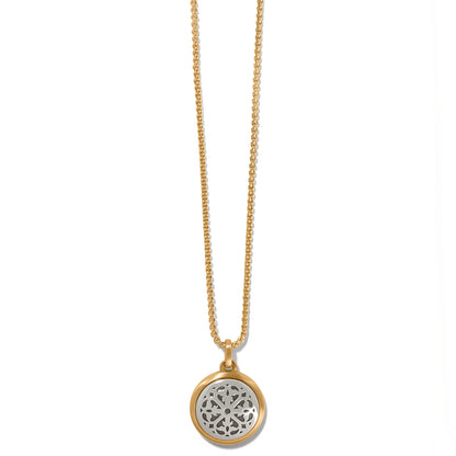 Brighton pendant necklace with brushed gold-plated chain and silver-plated round openwork medallion on a white background