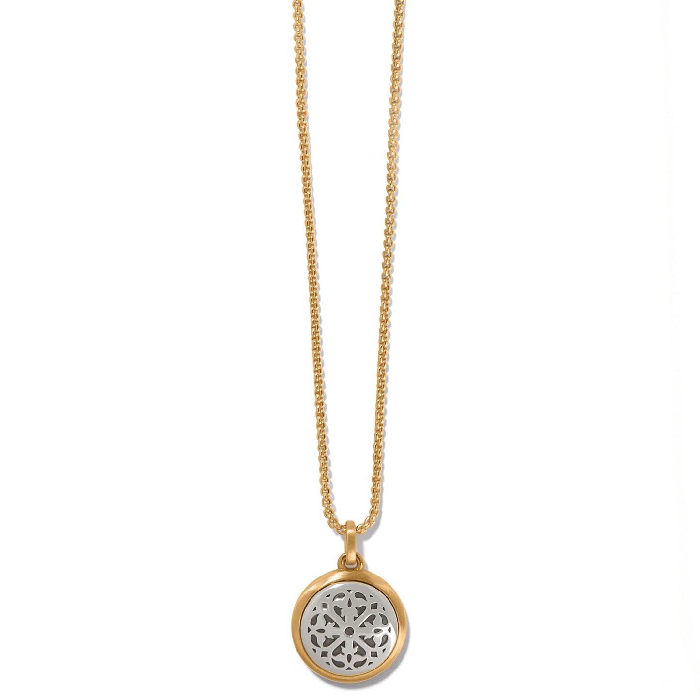 Brighton pendant necklace with brushed gold-plated chain and silver-plated round openwork medallion on a white background