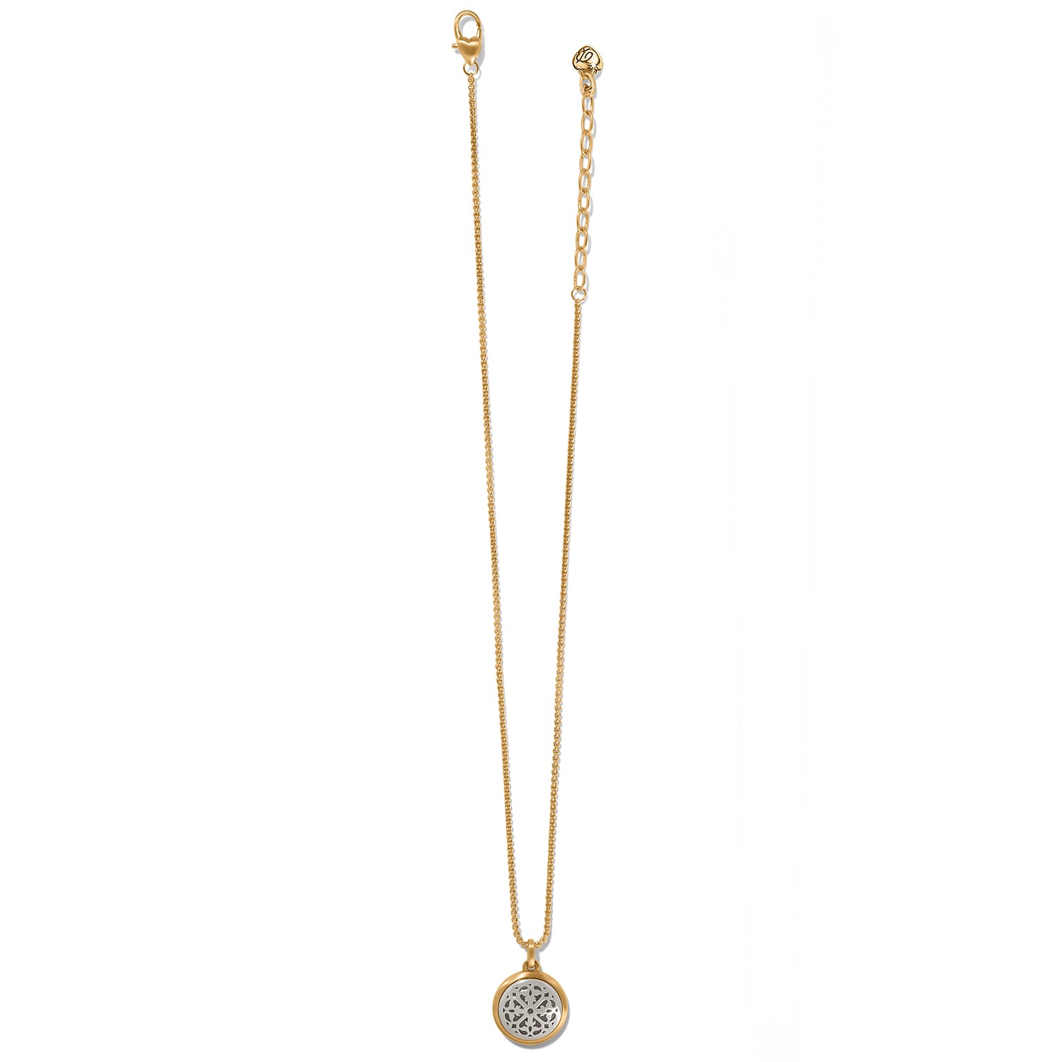 Brighton pendant necklace with brushed gold-plated chain and silver-plated round medallion with openwork detail on a white background