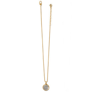 Brighton pendant necklace with brushed gold-plated chain and silver-plated round medallion with openwork detail on a white background