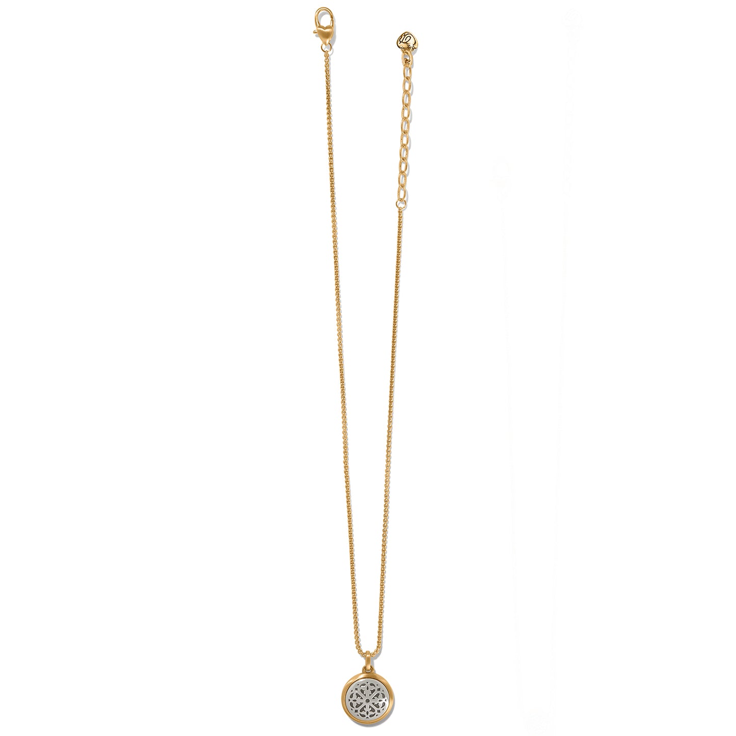 Brighton pendant necklace with brushed gold-plated chain and silver-plated round medallion with openwork detail on a white background
