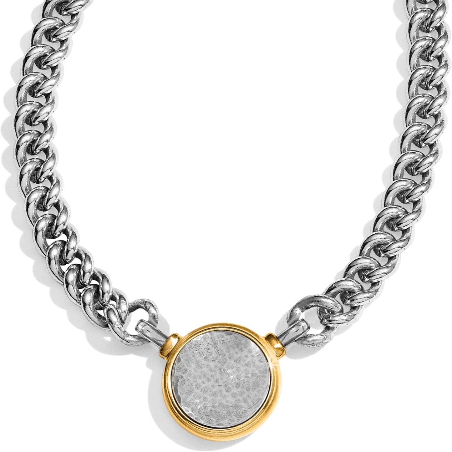Brighton pendant necklace with two-tone chunky silver-tone chain and hammered round gold-framed medallion on a white background