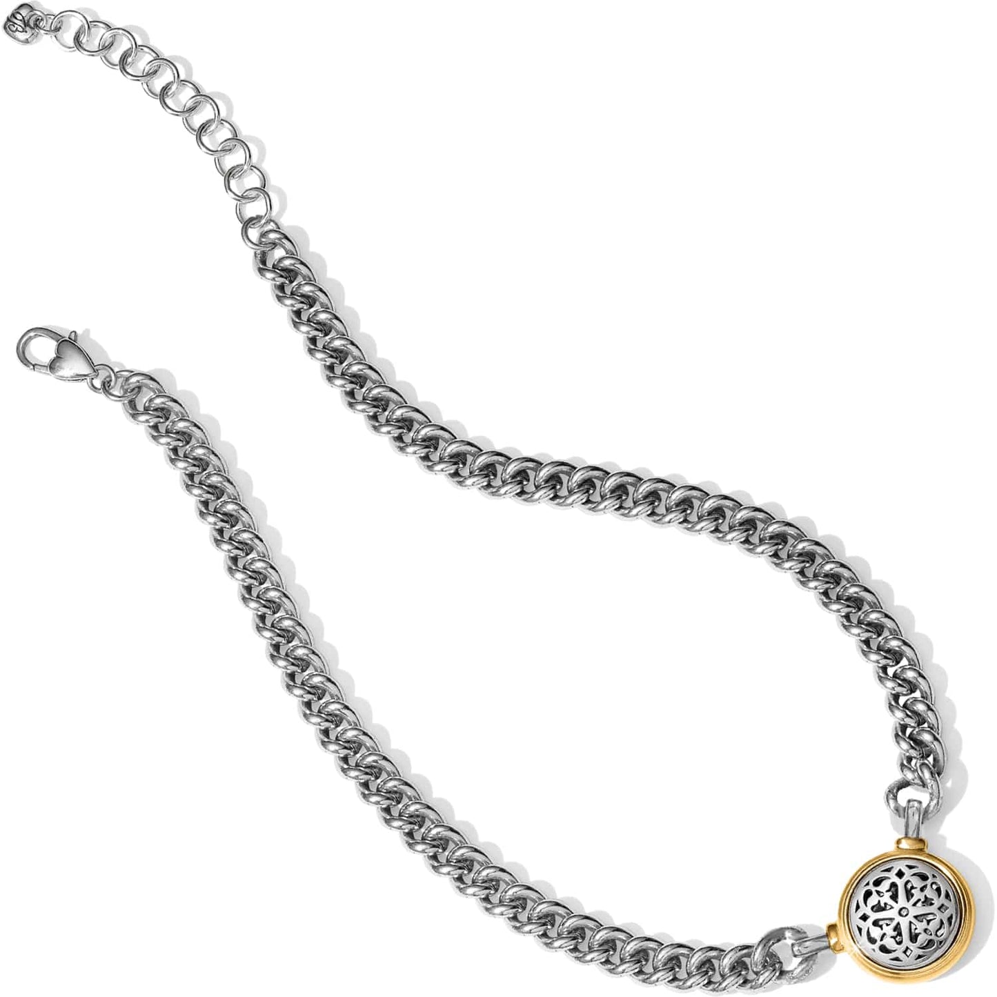 Brighton curb chain necklace with two-tone round filigree pendant and lobster clasp on a white background