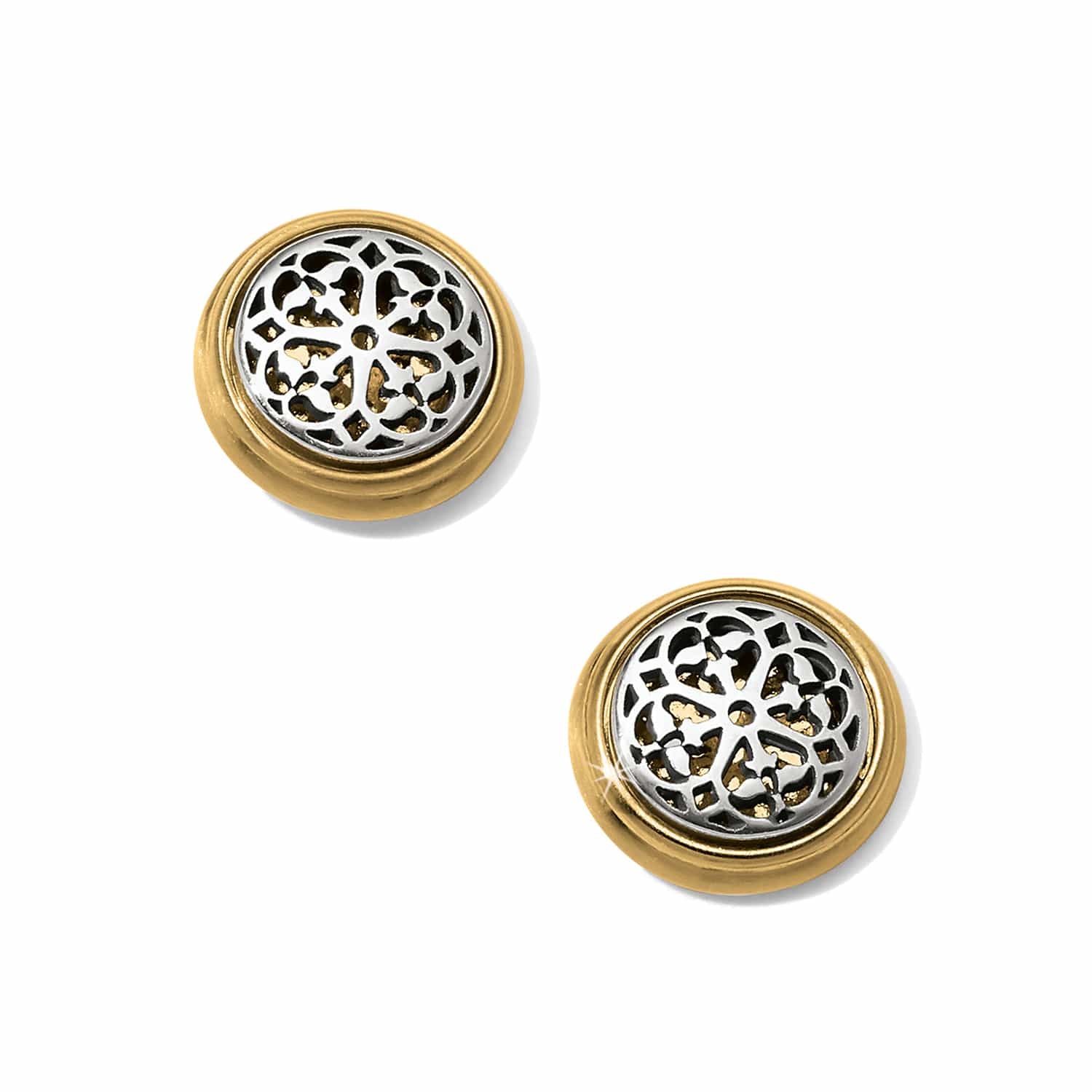 Brighton stud earrings with two-tone finish featuring silver openwork medallion centers and gold borders on a white background