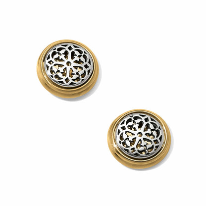 Brighton stud earrings with two-tone finish featuring silver openwork medallion centers and gold borders on a white background