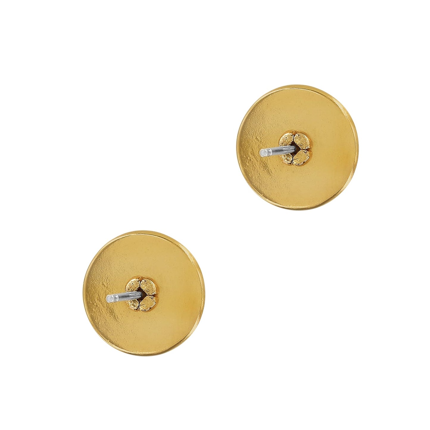Brighton stud earrings shown from the back with round gold-tone discs and two-tone posts on a white background