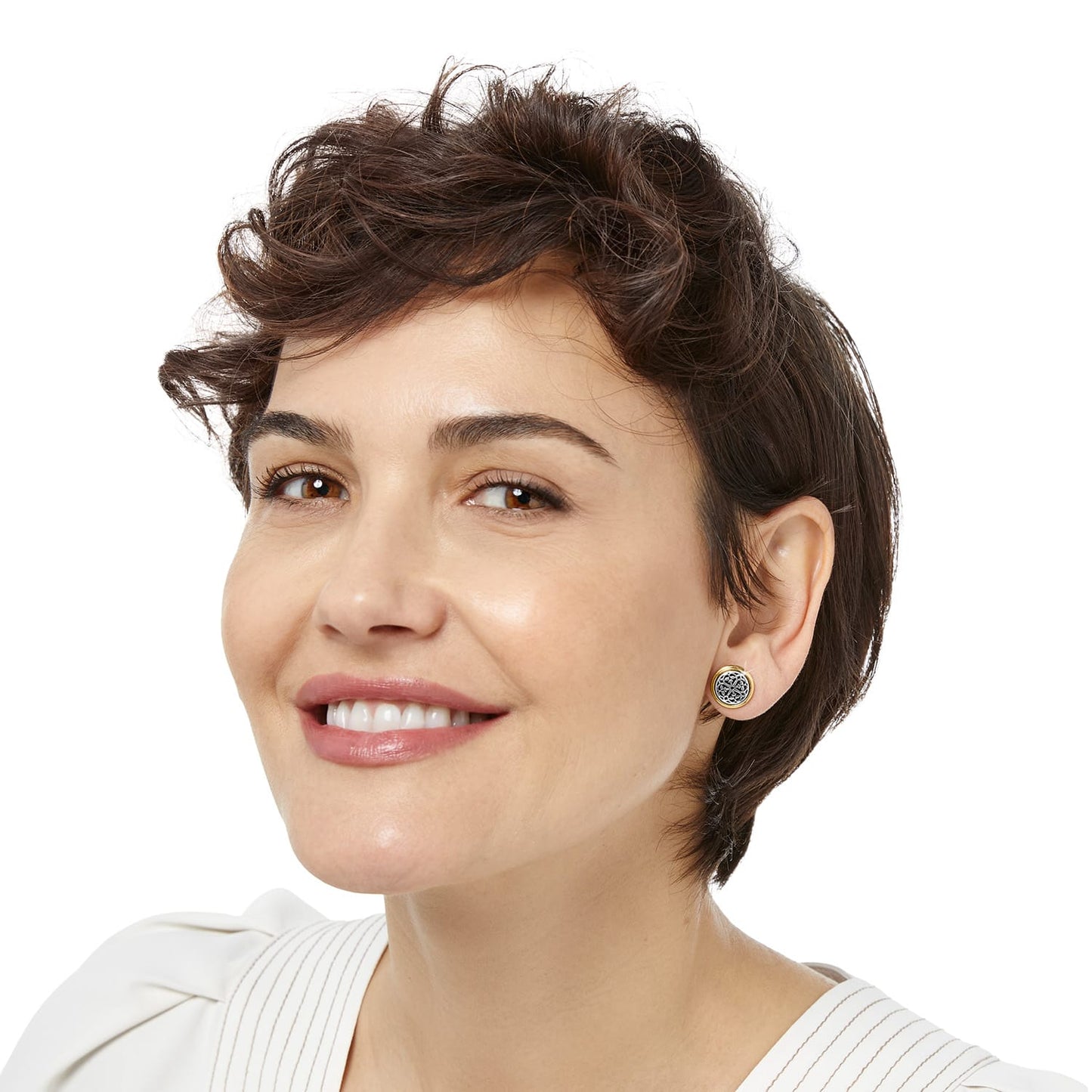 Model wearing Brighton two-tone stud earrings with round silver-tone medallion center and gold-tone border