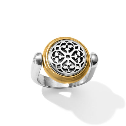 Brighton ring with two-tone silver and gold openwork medallion in floral scroll design on a white background