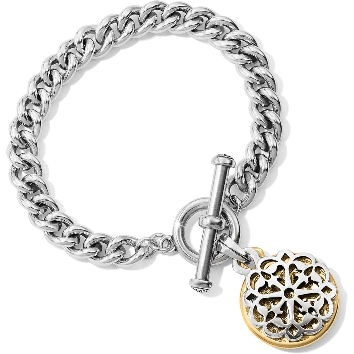 Brighton charm bracelet with silver-tone curb chain, toggle clasp, and two-tone medallion charm on a white background