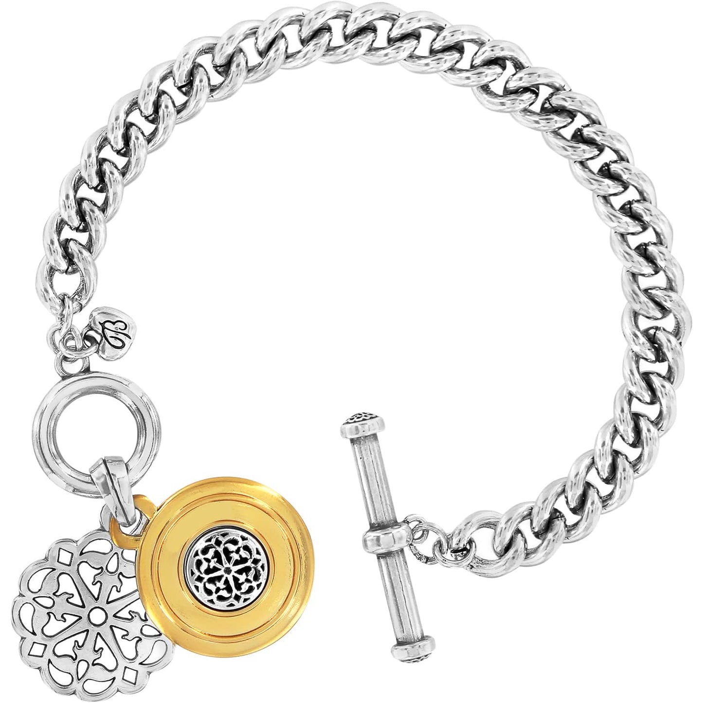 Brighton chain bracelet with two-tone medallion charms, filigree detail, and toggle clasp on a white background