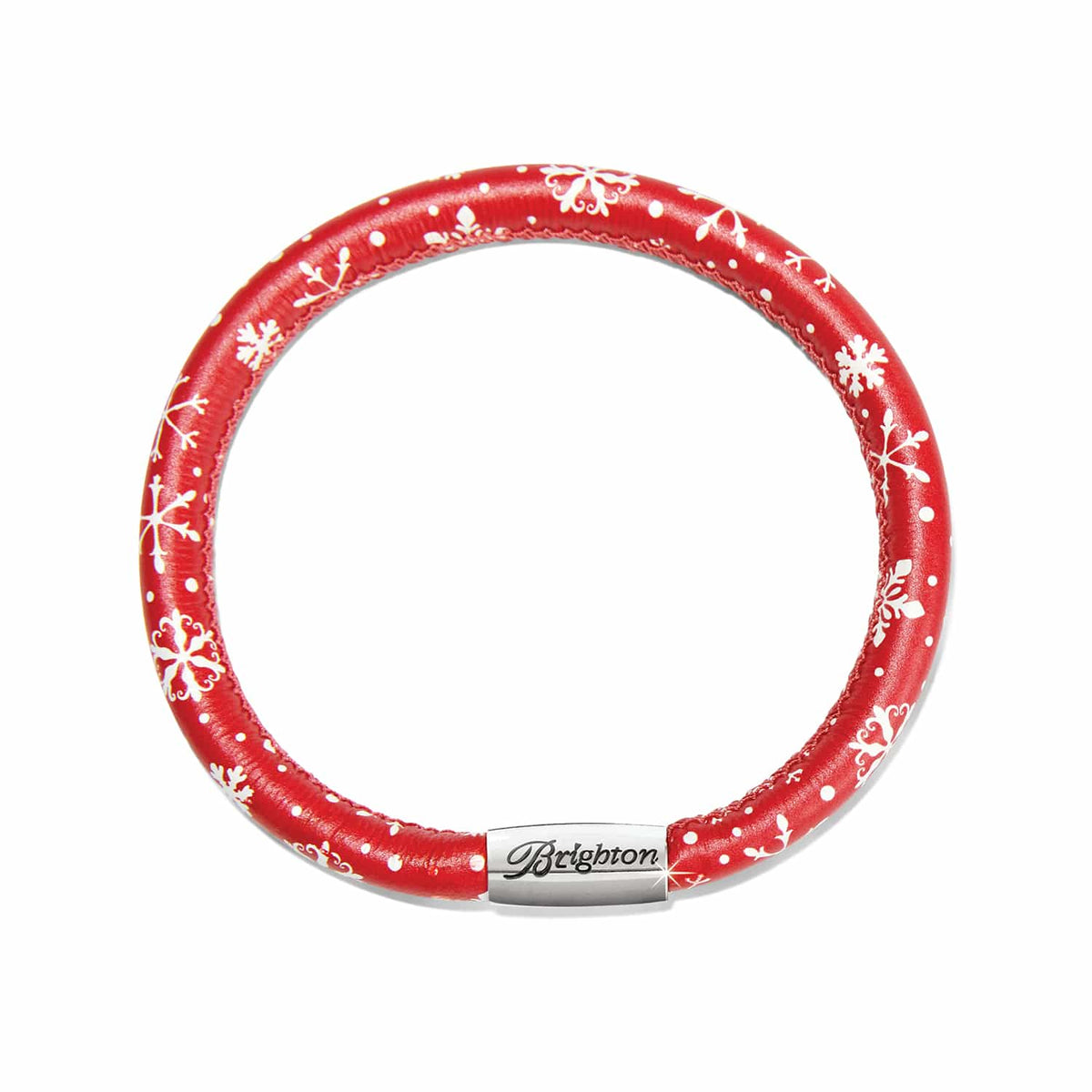 Brighton leather bracelet in red with white snowflake print and silver-plated magnetic clasp on a white background
