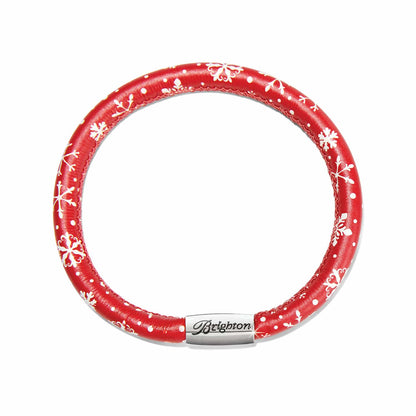 Brighton leather bracelet in red with white snowflake print and silver-plated magnetic clasp on a white background