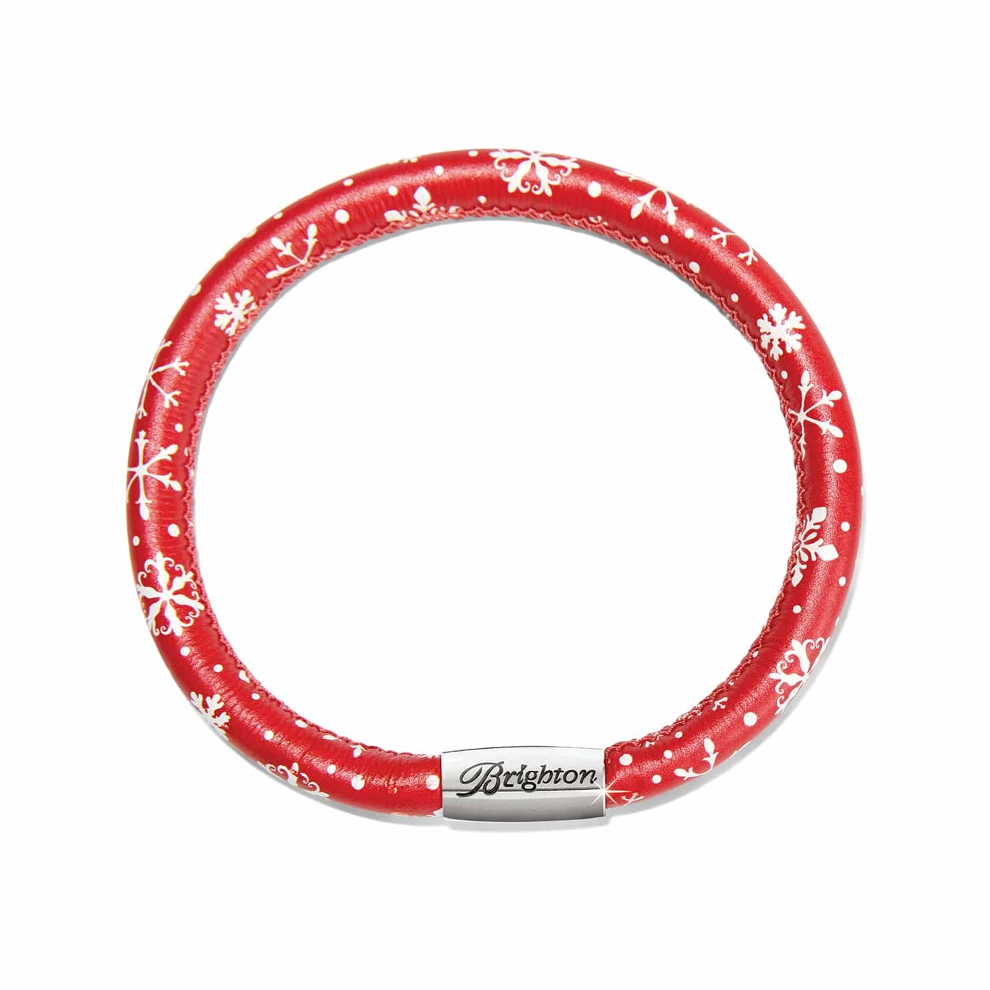 Brighton leather bracelet in red with white snowflake print and silver-plated magnetic clasp on a white background