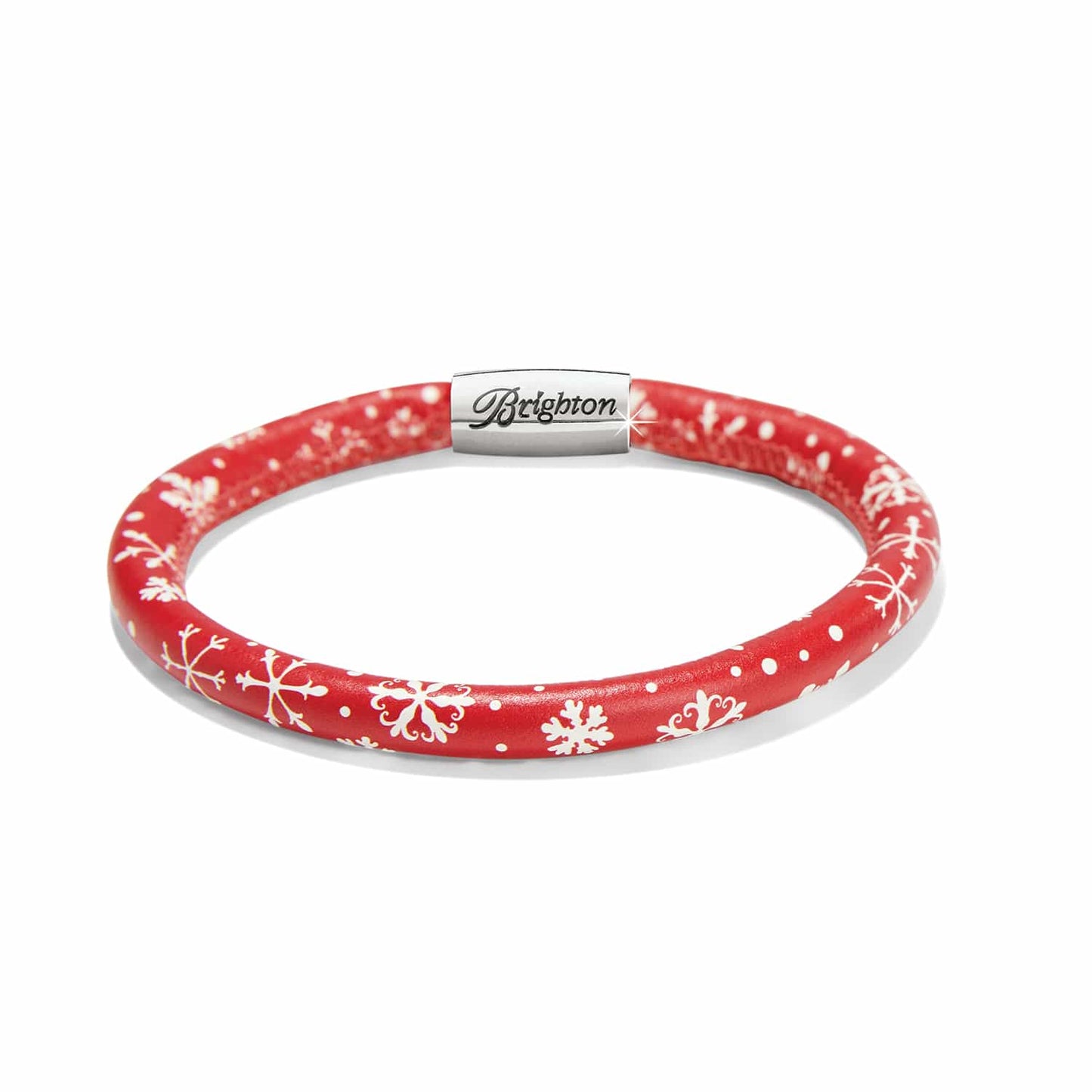 Brighton leather bracelet in red with white snowflake print and silver-plated magnetic clasp on a white background