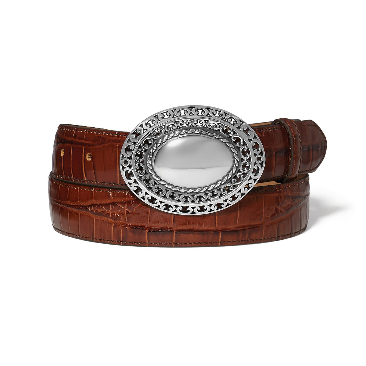 Brighton brown croc-embossed leather belt with oval silver-tone buckle featuring scrollwork and rope detail on a white background
