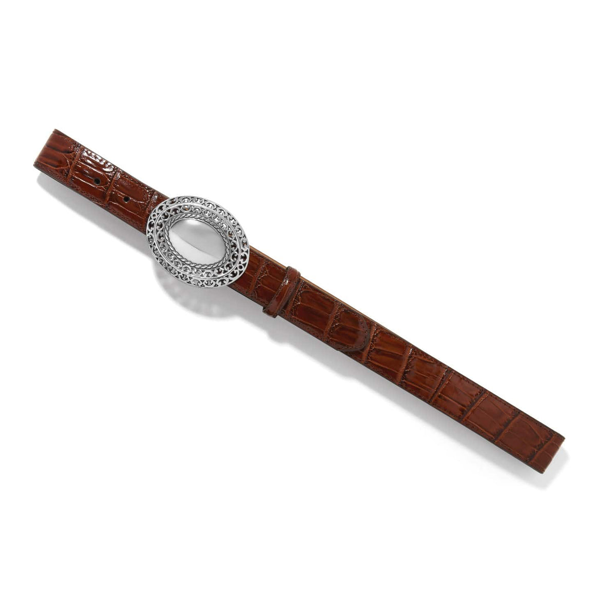 Brighton brown croc-embossed leather belt with ornate oval silver-tone filigree buckle on a white background