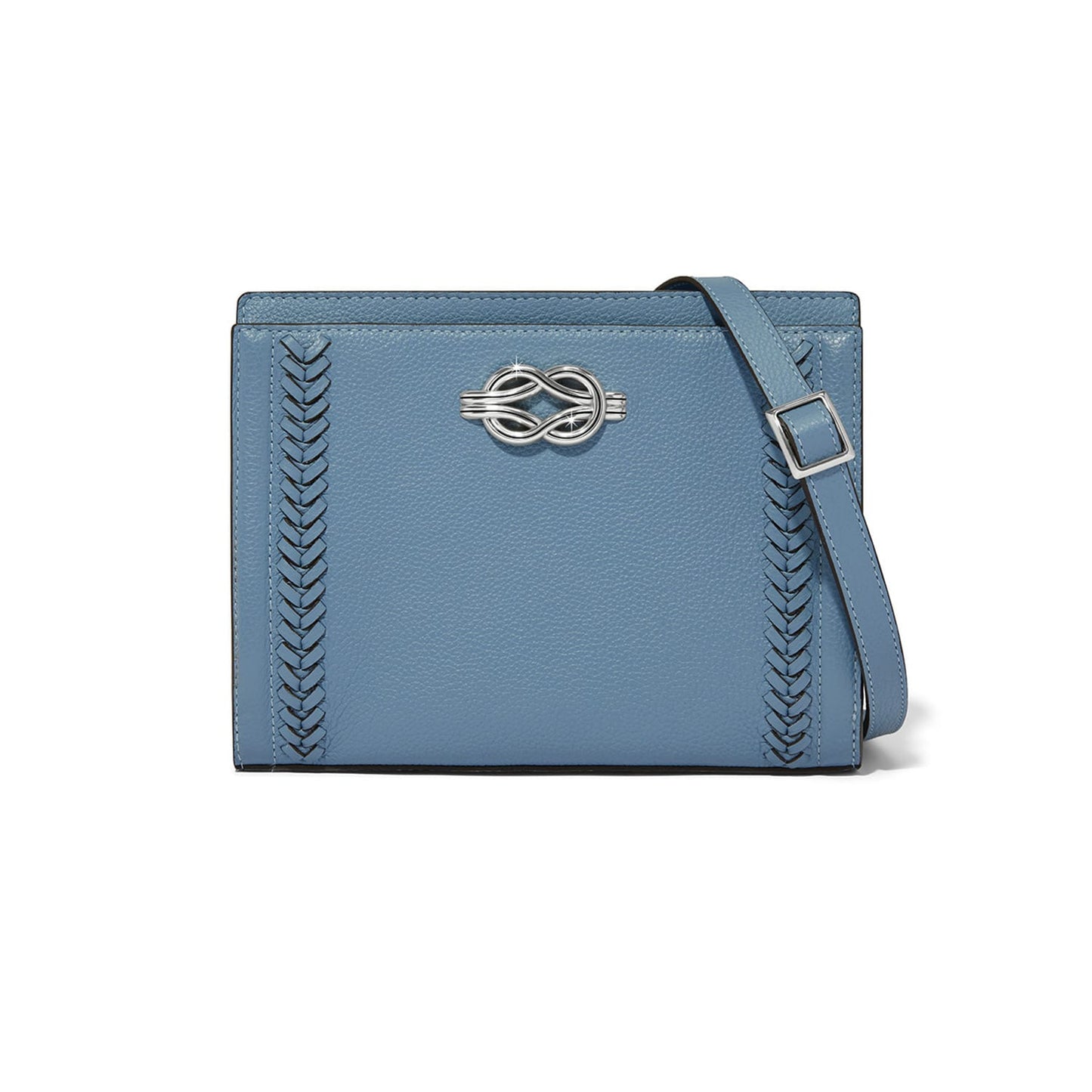 Brighton blue leather crossbody handbag with silver-tone knot clasp, braided side details, and adjustable strap on a white background