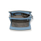 Brighton blue leather handbag shown open with patterned fabric interior lining and zip pocket on a white background