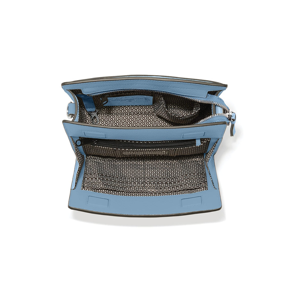 Brighton blue leather handbag shown open with patterned fabric interior lining and zip pocket on a white background