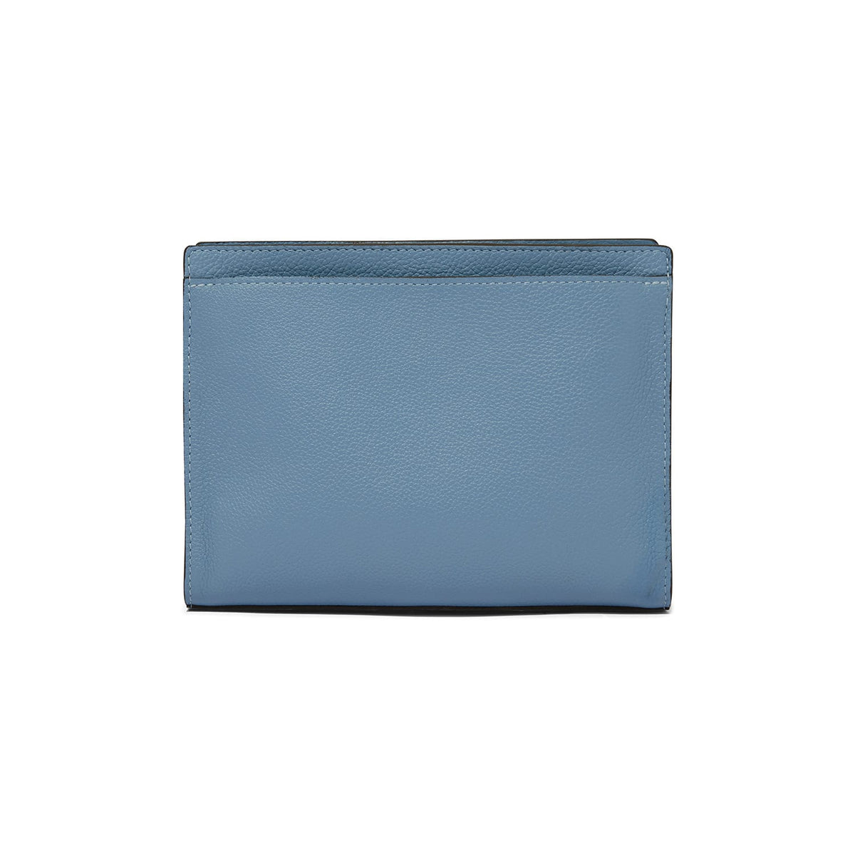 Brighton wallet shown from the back in blue pebbled leather with topstitched edges on a white background