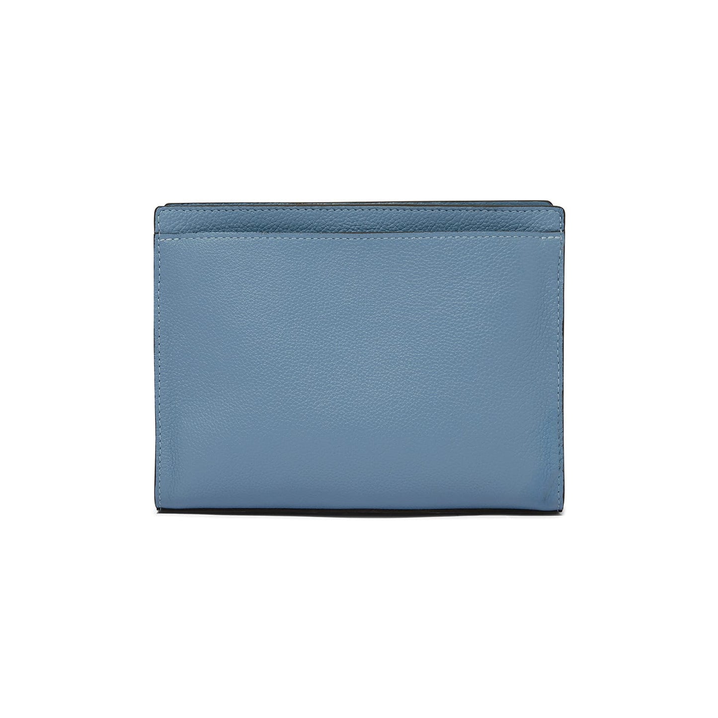 Brighton wallet shown from the back in blue pebbled leather with topstitched edges on a white background