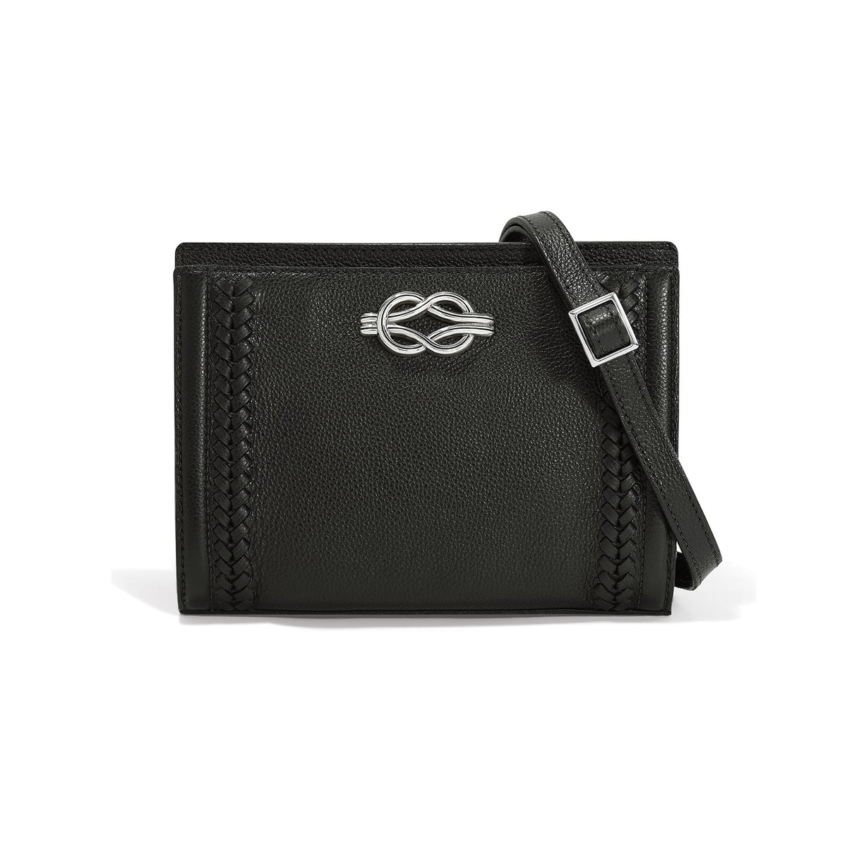 Brighton black leather crossbody handbag with silver-tone knot accent, braided side trim, and adjustable strap on a white background