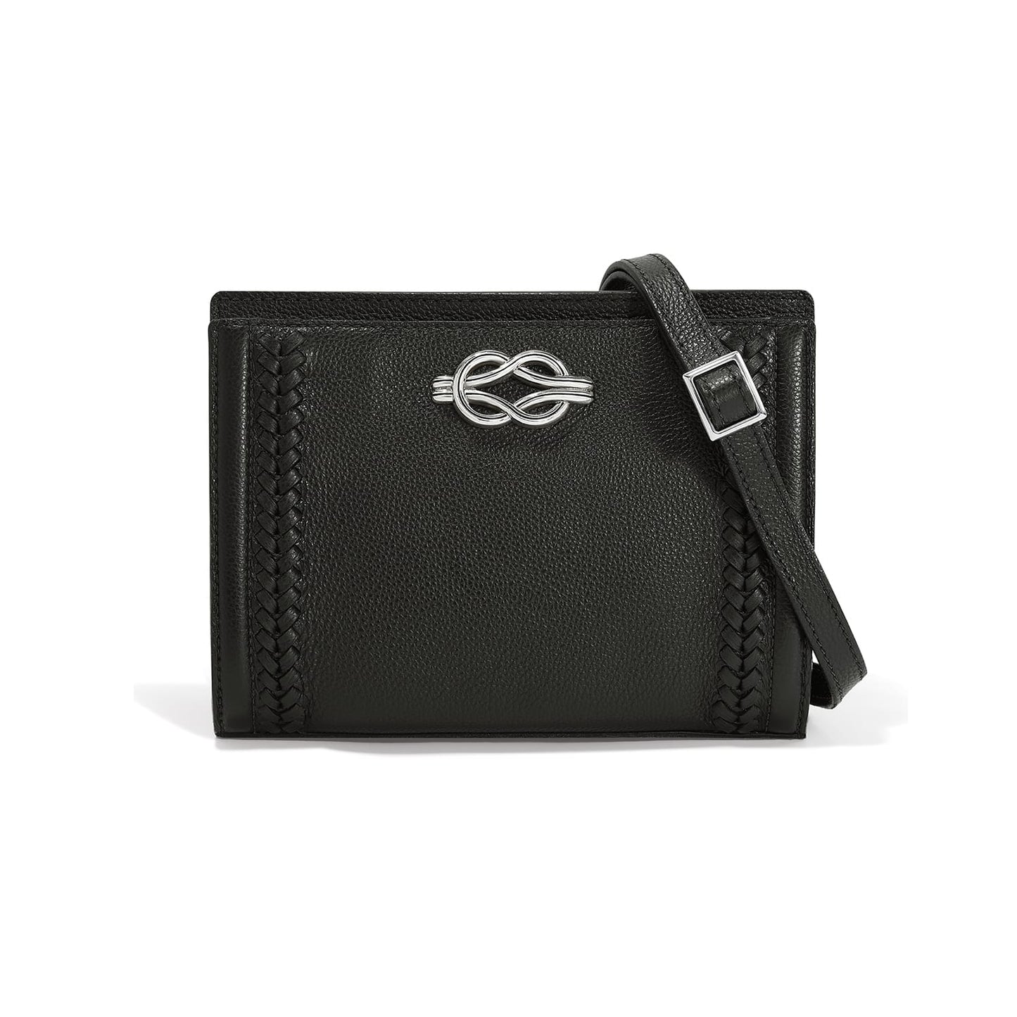 Brighton black leather crossbody handbag with silver-tone knot accent, braided side trim, and adjustable strap on a white background