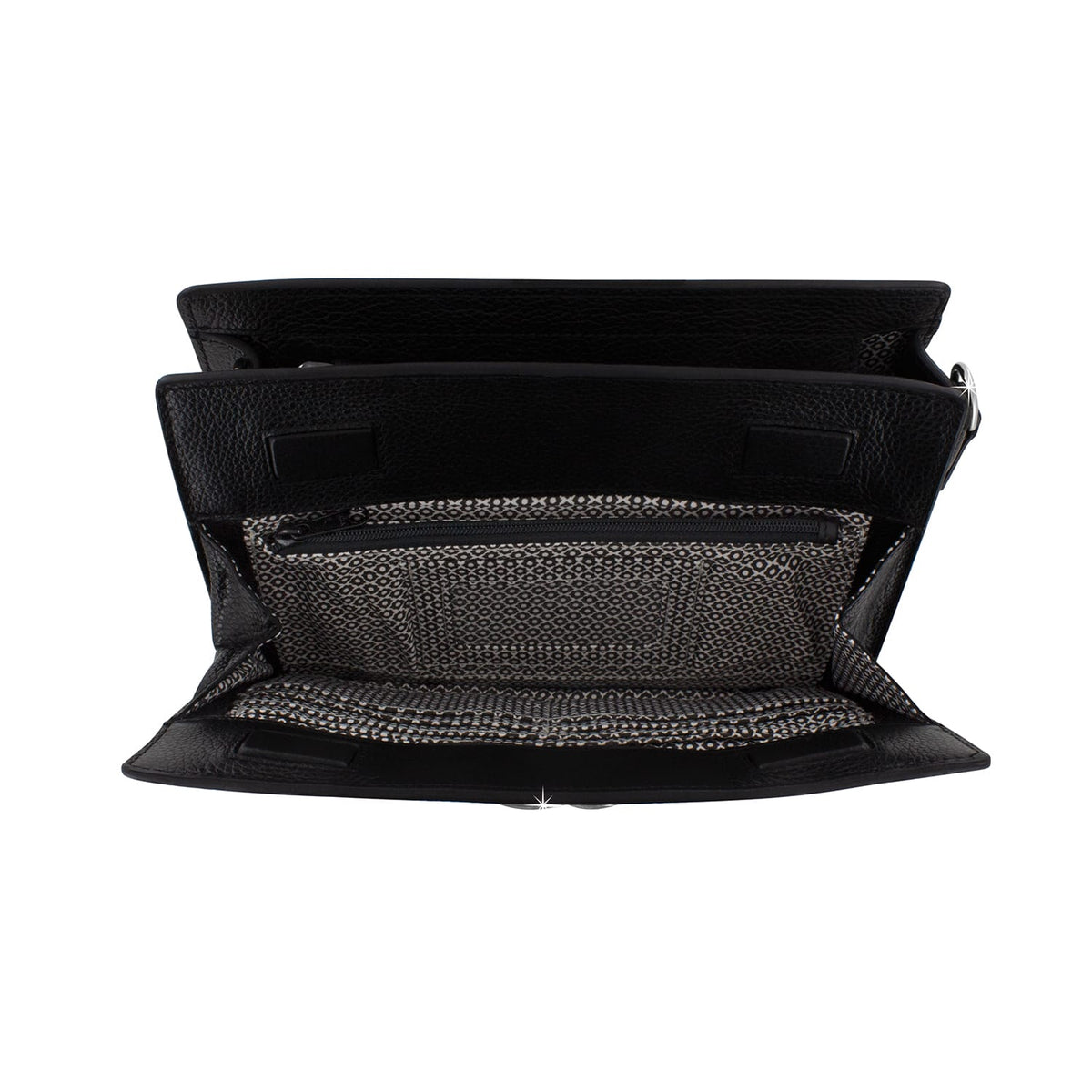 Brighton black leather handbag interior view with patterned fabric lining and zippered pocket on a white background