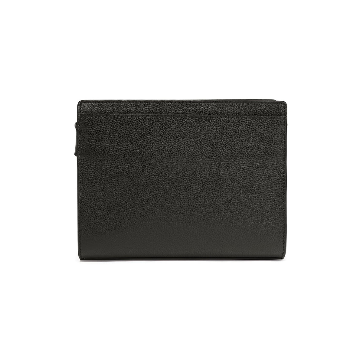 Brighton handbag shown from the back with black pebbled leather and minimal stitching on a white background