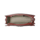 Brighton red leather handbag interior view showing patterned fabric lining and zipper closure on a white background