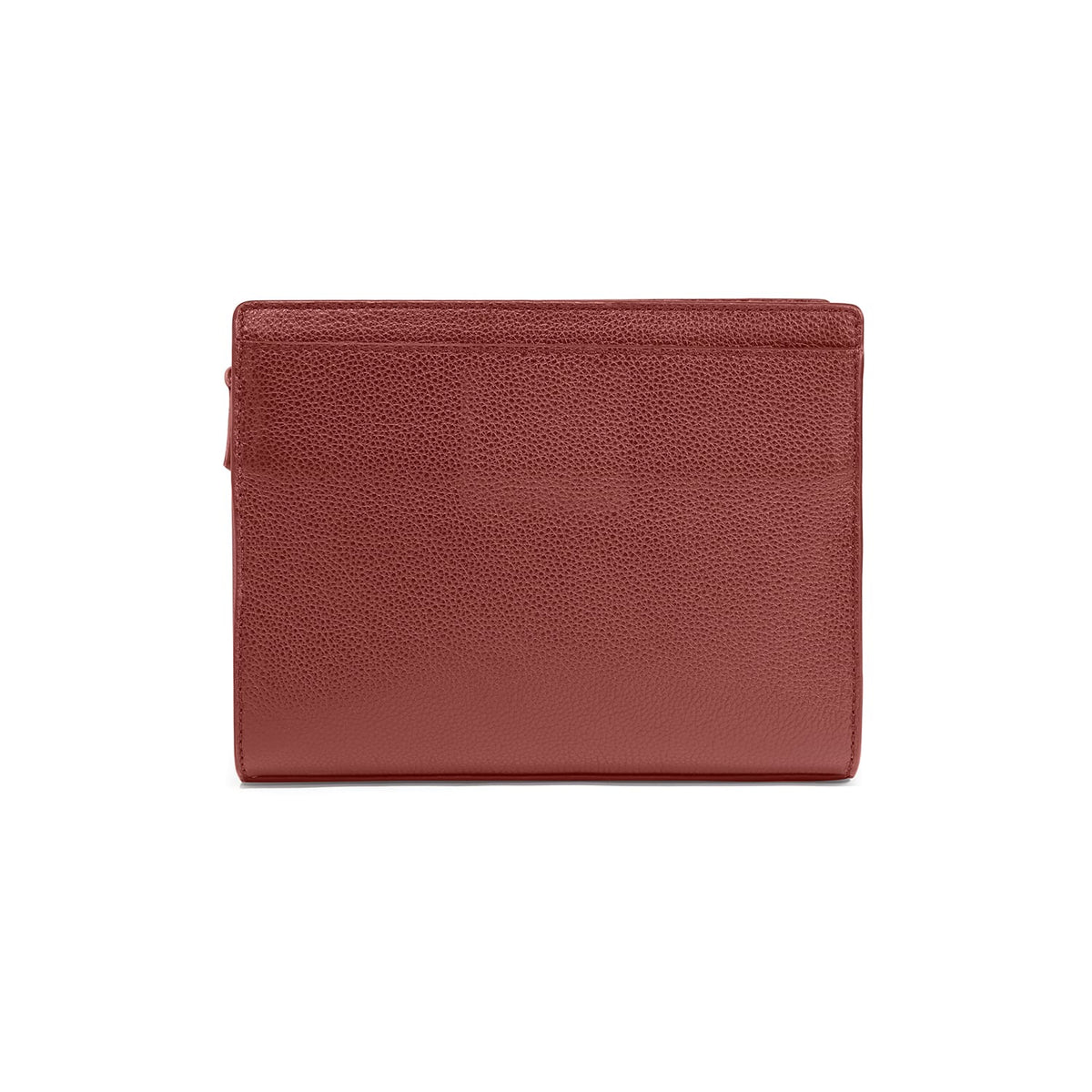Brighton wallet shown from the back in red pebbled leather with smooth trim edges on a white background