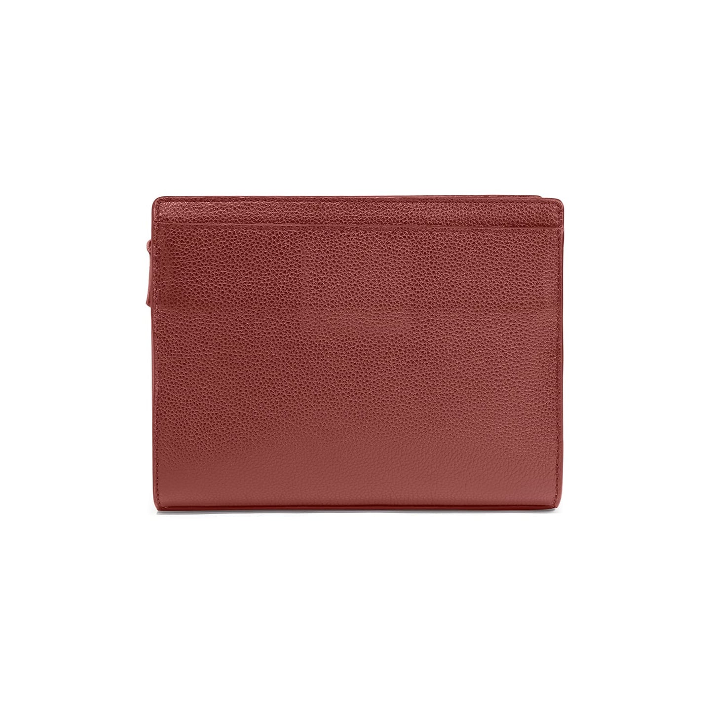 Brighton wallet shown from the back in red pebbled leather with smooth trim edges on a white background
