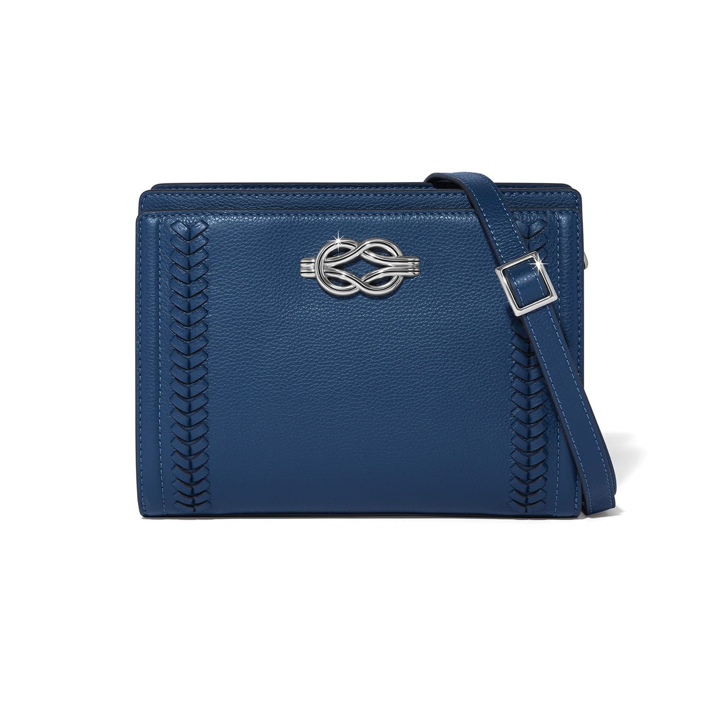 Brighton blue leather crossbody handbag with silver-tone knot accent, braided side details, and adjustable strap on a white background
