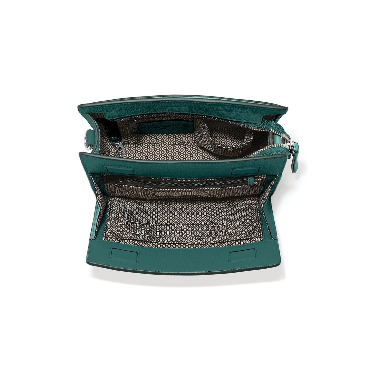 Brighton teal leather handbag interior view with patterned fabric lining and zippered pocket on a white background