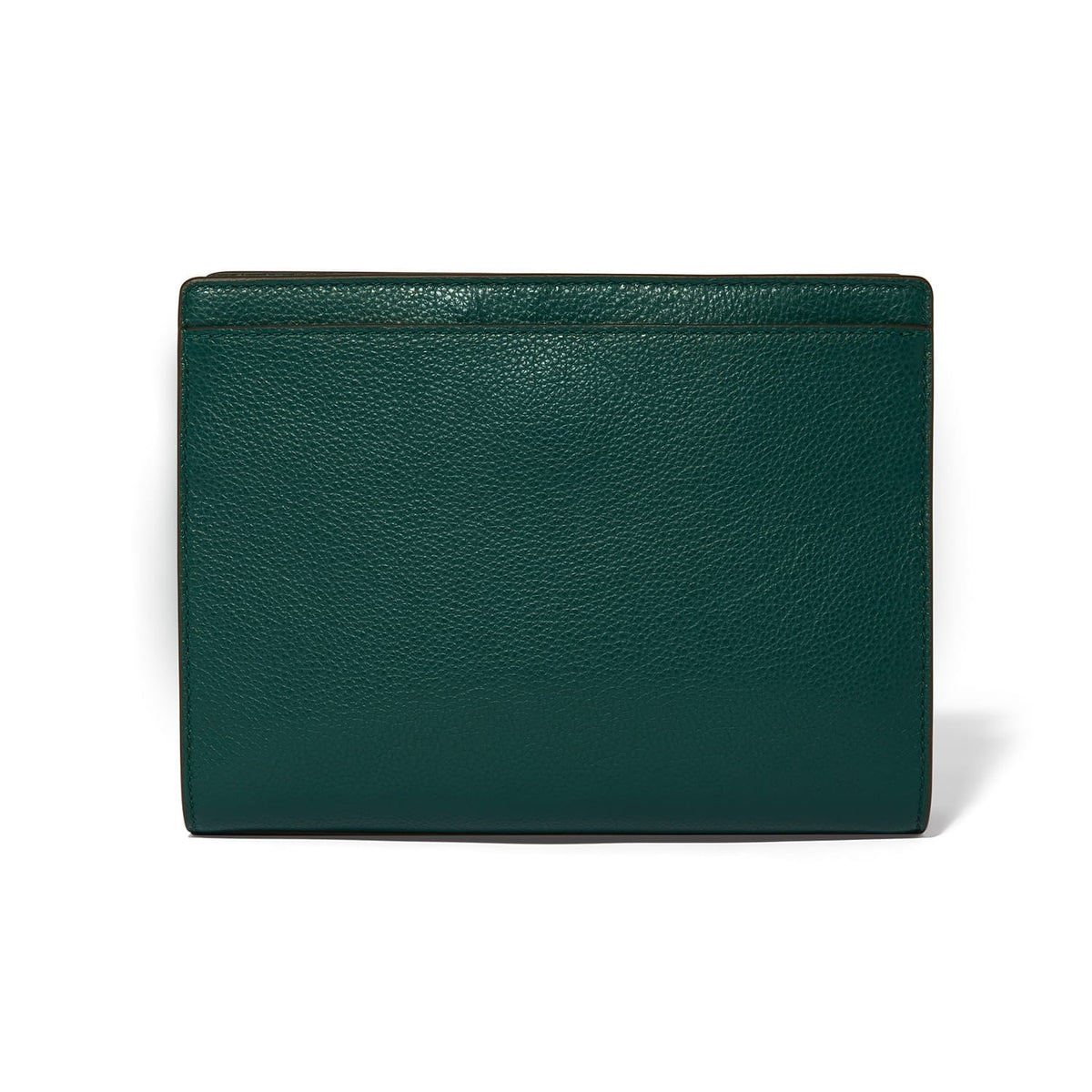 Brighton handbag shown from the back in dark green pebbled leather with clean stitched seams on a white background
