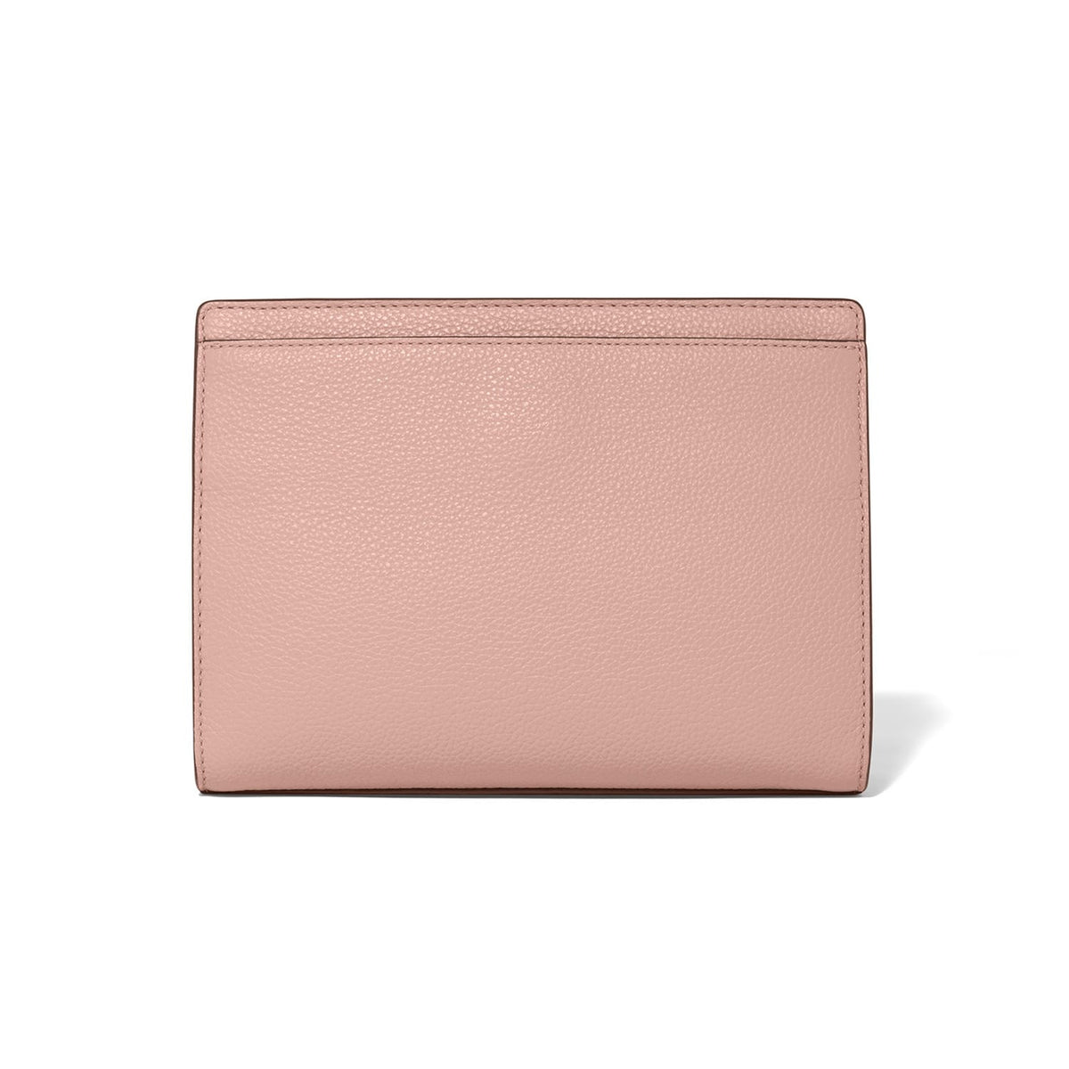 Brighton wallet shown from the back in pink pebbled leather with smooth top trim on a white background