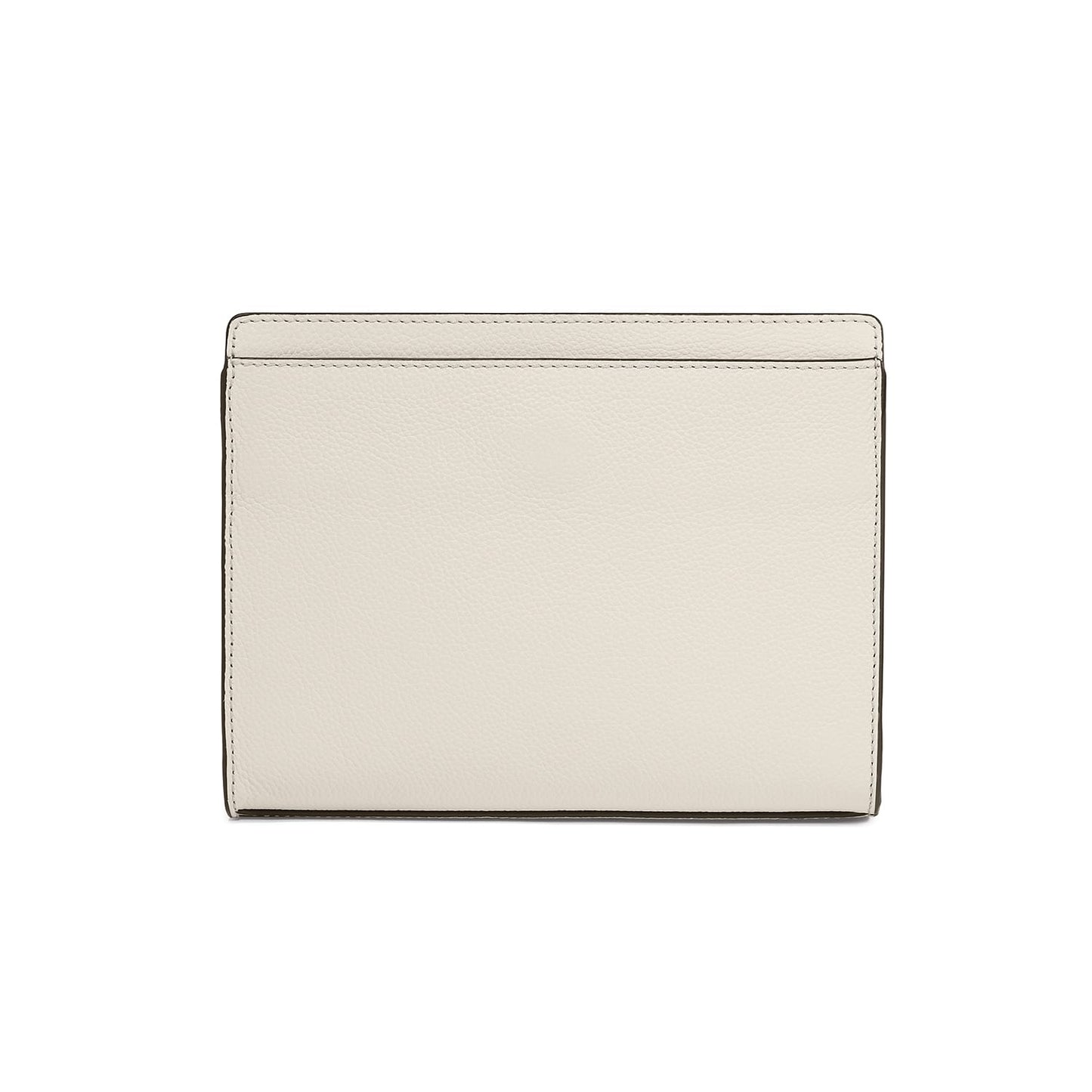Brighton wallet shown from the back with cream pebbled leather texture and stitched edges on a white background