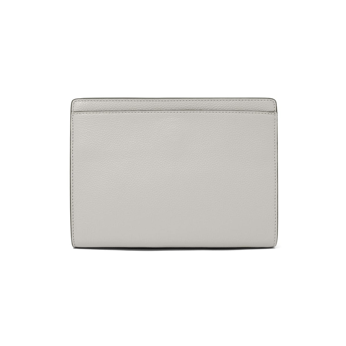 Brighton wallet shown from the back with light gray pebbled leather and clean stitched edges on a white background
