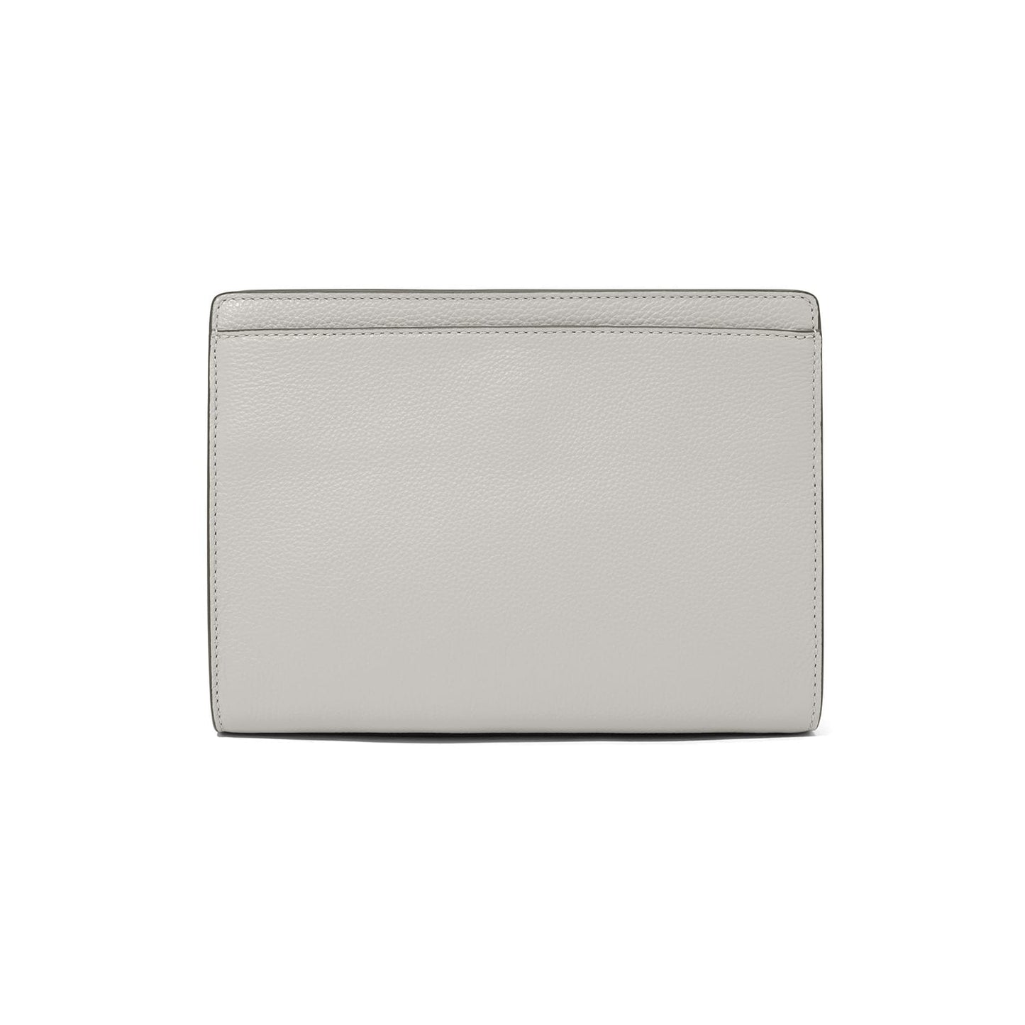 Brighton wallet shown from the back with light gray pebbled leather and clean stitched edges on a white background